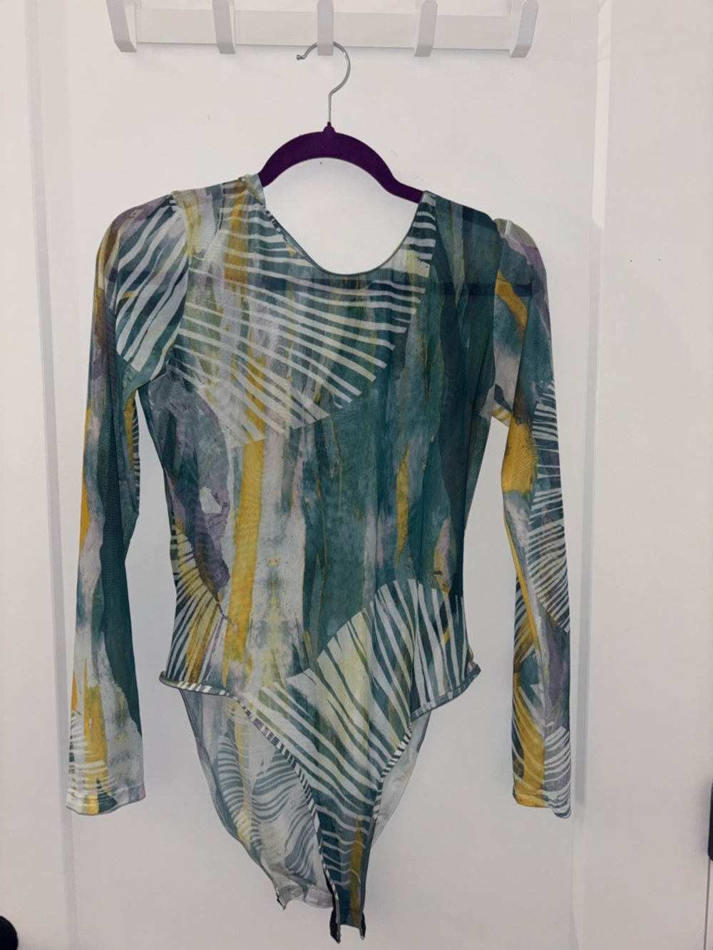 Andrea Iyamah Abstract Print Long-Sleeve Bodysuit in Teal and Mustard